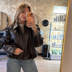 PU LEATHER BOMBER JACKET DARK BROWN